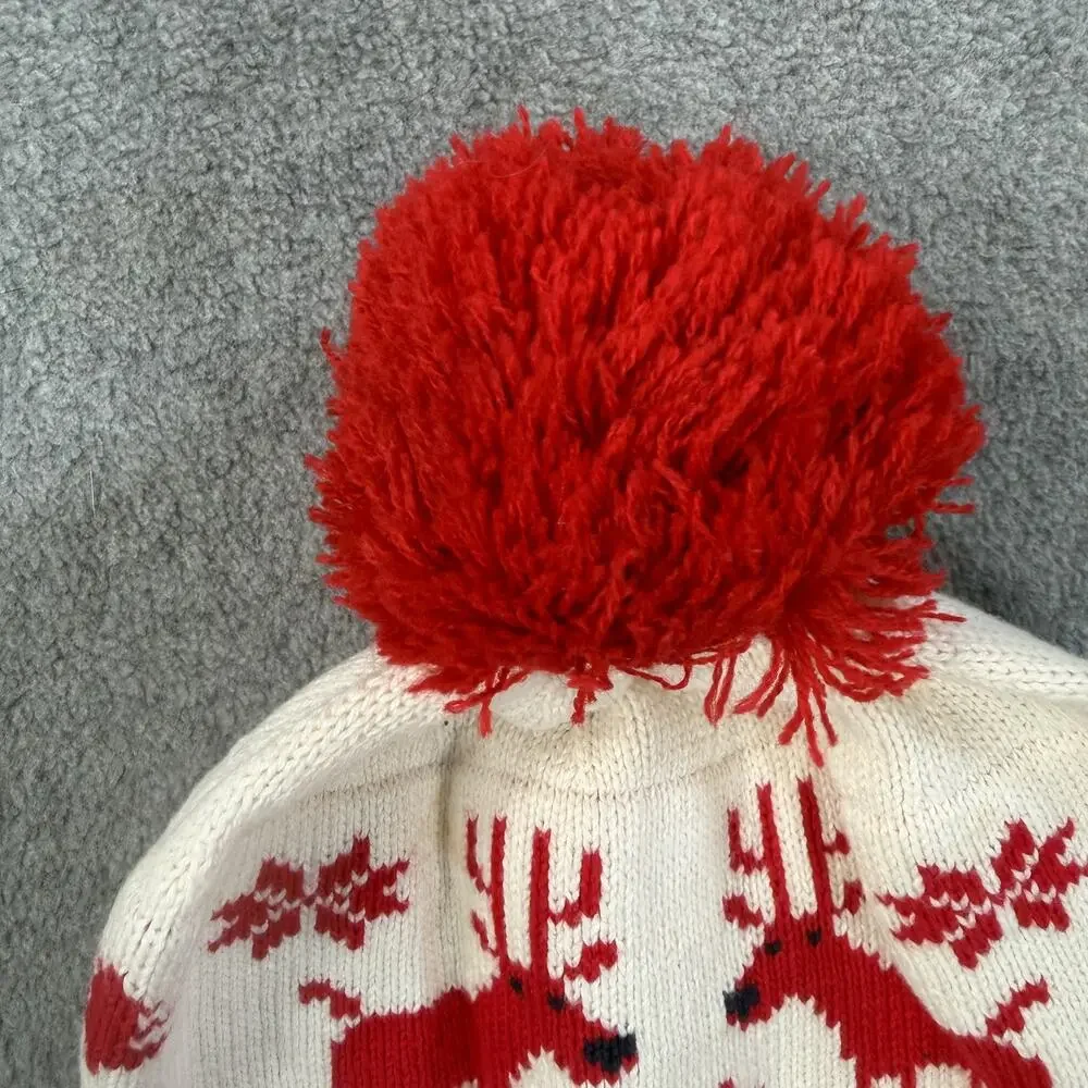 Hanna Andersson Knit Pom Pom Hat Small 1-3 Yrs Reindeer Christmas Fair Isle Red